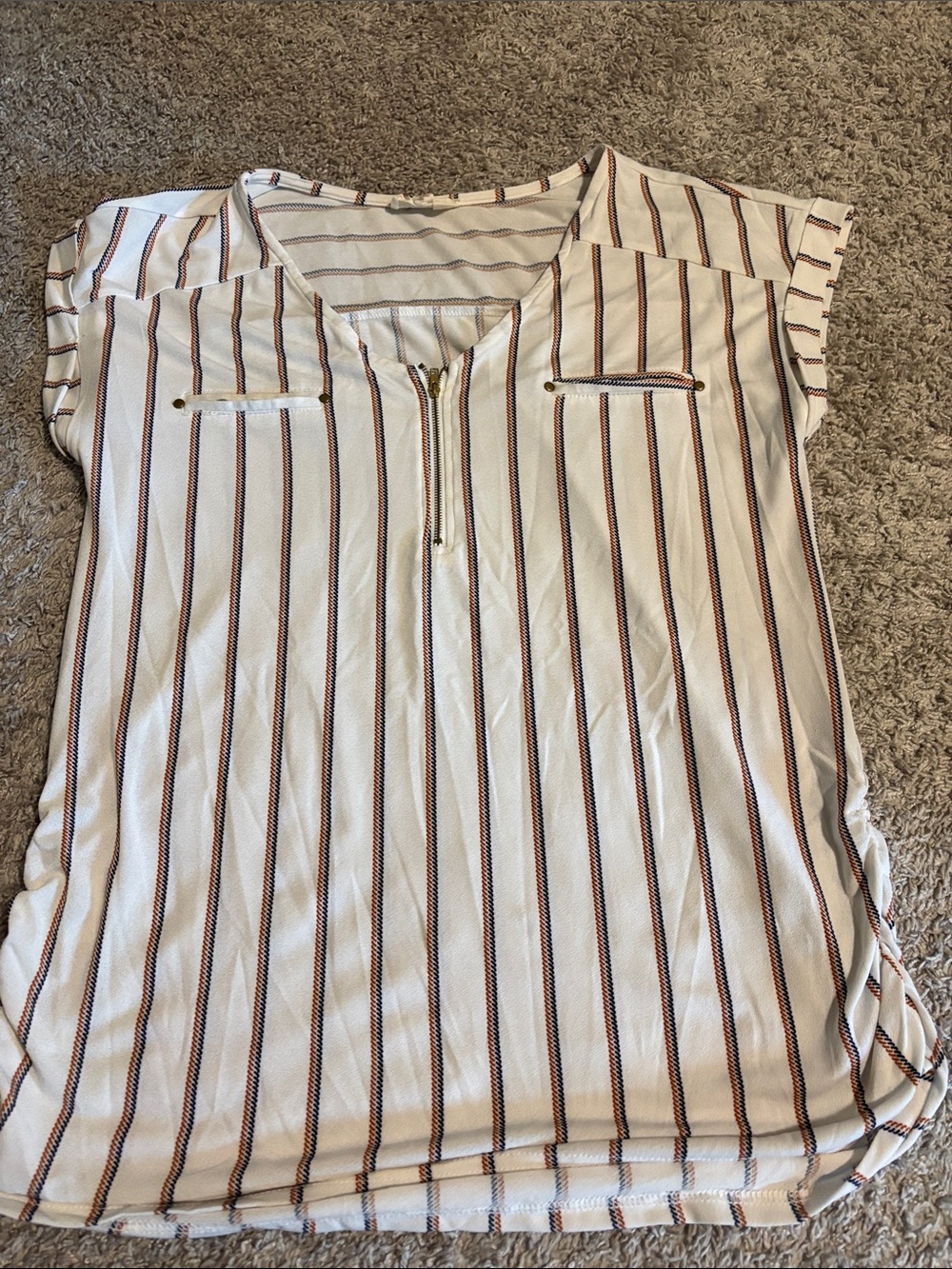 Sweet Wanderer Cream Striped V-Neck Maternity Zip Top with Brown & Black Stripes